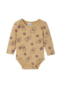 Langärmeliger Einteiler aus senfgelber Baumwolle mit bedruckten Motiven von Winnie Puuh und Honigtöpfen. Verfügt über Druckknöpfe am Boden.
