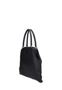 Borsa tote in pelle nera con doppi manici, superficie strutturata, chiusura con cerniera e dettaglio blu sulla zip. Design elegante e strutturato.