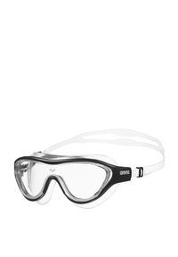 Gafas de natación de silicona transparente con un marco negro, con un diseño de lentes amplios y una correa blanca ajustable para un ajuste seguro.