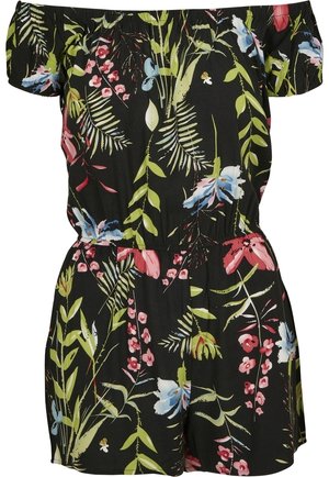 Combinaison courte noire à épaules dénudées avec taille élastique, présentant un motif floral tropical coloré en vert, rose, bleu et blanc.