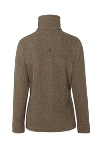 Pullover in tessuto marrone, testurizzato, con colletto alto, maniche lunghe e un piccolo logo sulla parte posteriore. Presenta una vestibilità morbida e un motivo sottile.