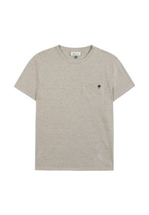 Beige short-sleeve t-shirt with thin brown horizontal stripes, crew neck, chest pocket, and small brown tree logo on the pocket.