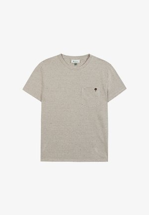 Beige short-sleeve t-shirt with thin brown horizontal stripes, crew neck, chest pocket, and small brown tree logo on the pocket.