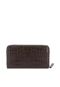 Brown crocodile-embossed leather wallet with a smooth texture, zip closure, and a gold-tone zipper pull, featuring a slim, rectangular design.