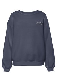 Felpa navy con una vestibilità rilassata, colletto rotondo e polsini a coste. Presenta una piccola scritta bianca "LASCANA LUXE LOUNGE" sul petto. Texture morbida.
