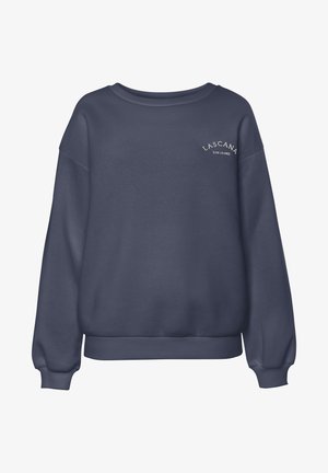 Sweatshirt marine décontracté avec un col ras du cou et des poignets côtelés. Présente un petit texte blanc "LASCANA LUXE LOUNGE" sur la poitrine. Texture douce.