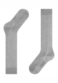 Grå bomuldsstrømper med en glat tekstur, der har en polstret sål, forstærket hæl og tå samt manchet med ribstruktur for støtte.