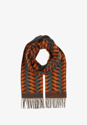 Sciarpa multicolore con un motivo geometrico arancione e teal, con una texture morbida e bordi frangiati. L'etichetta del marchio è visibile sul bordo.