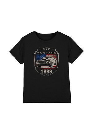 Black t-shirt with a vintage 1969 Mustang car graphic over an American flag shield design and "MUSTANG 1969" text.