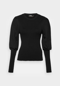 Pull noir en maille avec manches longues et épaules bouffantes. Le tissu présente une texture lisse avec des détails côtelés sur le corps.