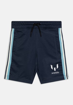 Marinefarbene Schwimmshorts mit hellblauen und weißen Seitenstreifen, elastischem Bund mit Kordelzug und einem weißen Logo auf der Vorderseite.