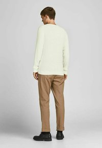 Maglione a coste verde chiaro con maniche lunghe, abbinato a pantaloni beige a sigaretta. Le scarpe nere completano l'outfit. Vista posteriore mostrata.