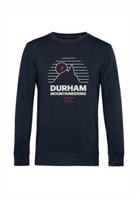 Granatowa bluza z kapturem z grafiką góry, kompasem i napisem "DURHAM MOUNTAINEERING" w jasnoszarym kolorze. Długie rękawy z prążkowanymi mankietami.