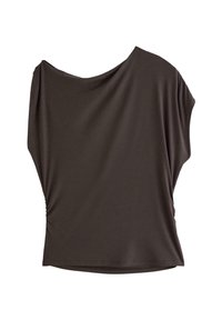 Mørkebrunt kortærmet top med draperet halsudskæring, rynket detalje i siden og løstsiddende pasform, lavet af et blødt, elastisk stof.