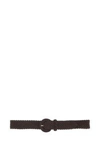 Dark brown woven leather belt with round braided buckle and matching belt loop, laid flat on white background.