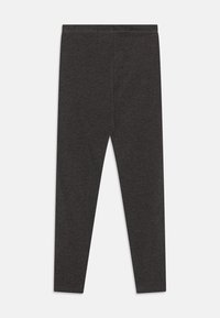 Donkergrijze legging gemaakt van zachte, rekbare stof met een elastische tailleband, met een gladde textuur en zonder zichtbare patronen of accenten.