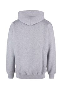 Siv hooded sweatshirt z mehko teksturo, z ribanim robom na rokavih in spodnjem delu. Ima klasičen kroj in preprost dizajn, brez vidne blagovne označbe.