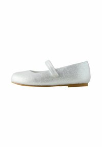 Silver ballet flat with a textured shimmer finish, a rounded toe, and a single hook-and-loop strap across the instep. Flat rubber sole.