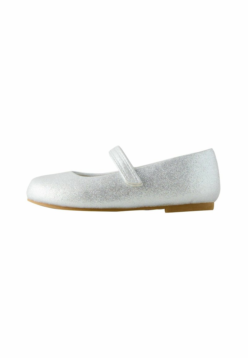 Silver ballet flat with a textured shimmer finish, a rounded toe, and a single hook-and-loop strap across the instep. Flat rubber sole.