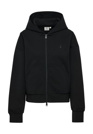 Zwarte zip-up hoodie met voorzakken, elastische boorden en een klein logo op de linkerborst, met capuchon en geribde tailleband.