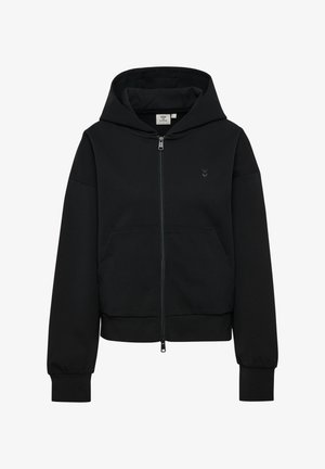 Zwarte zip-up hoodie met voorzakken, elastische boorden en een klein logo op de linkerborst, met capuchon en geribde tailleband.