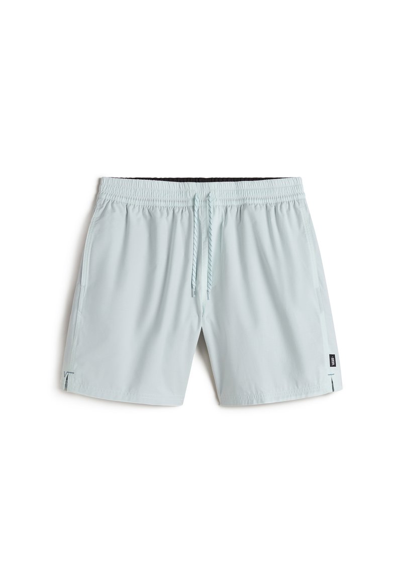 Hellblaue Bade Shorts mit elastischem Bund, Kordelzug und seitlichen Taschen. Hergestellt aus leichtem, glattem Stoff mit einem minimalistischen Design.