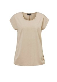 Beige T-shirt met korte mouwen en een ronde halslijn, zachte textuur en geplooide zijdetails. Stof heeft een subtiele glans. Etiket zichtbaar aan de binnenkant.