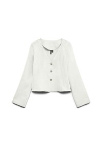 Hvid crop top med V-hals, lange ærmer og tre gyldne knapper ned foran. Glat tekstur med minimalistisk design.