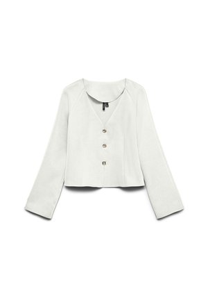 Hvid crop top med V-hals, lange ærmer og tre gyldne knapper ned foran. Glat tekstur med minimalistisk design.