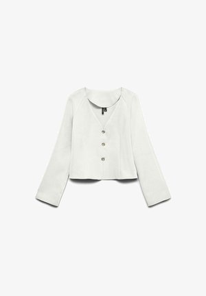 Hvid crop top med V-hals, lange ærmer og tre gyldne knapper ned foran. Glat tekstur med minimalistisk design.