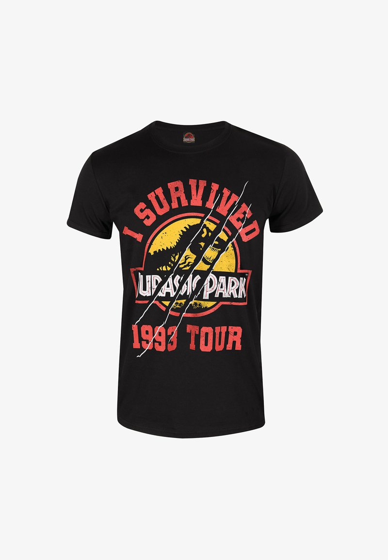 Camiseta de algodón negra con un gráfico de Jurassic Park en amarillo y rojo, con marcas de garras y el texto "Sobreviví al Tour de 1993" impreso en negrita.