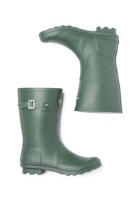 Green rubber rain boots with a textured sole, adjustable buckle detail, and a smooth upper. Features a straight, tall design for coverage.