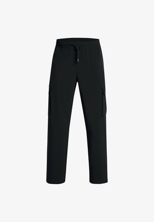 Pantalones casuales negros con cinturilla elástica, cordón y bolsillos laterales tipo cargo, expuestos contra un fondo blanco.