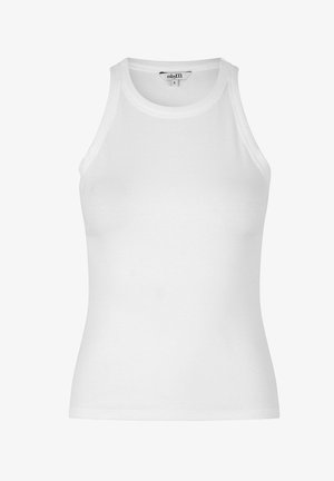 Hvid ribbet tanktop lavet af bomuld, med rund halsudskæring og uden ærmer. Glat tekstur med en tætsiddende pasform.