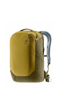 Zaino in tessuto giallo e verde, con tasca frontale con zip, spallacci imbottiti e retro texturizzato per un maggiore comfort. Logo del marchio visibile.