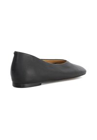 Black leather ballet flat with a rounded toe and low, thin heel. Smooth texture and minimalistic design without visible hardware or patterns.