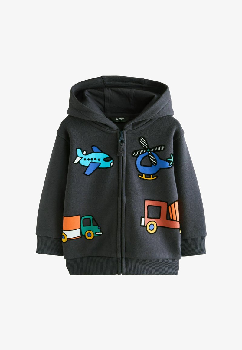 Mørkegrå hættetrøje med lynlås, der har farverige applikationer af køretøjer: fly, helikopter og lastbiler. Fremstillet af blødt stof med ribbede mansjetter.