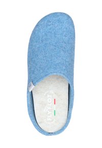 Blue felt slipper with a closed toe design, soft inner lining, and logo branding on the insole. Features a smooth, textured surface.