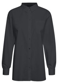 Dark gray long-sleeve button-up shirt with a classic collar, chest pocket, and button-down front. Smooth fabric with gathered cuffs.