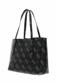 Černá taška přes rameno vyrobená z texturovaného syntetického materiálu, zdobená vzorem ve tvaru diamantů a šedými logy. Dvojité ramenní popruhy.
