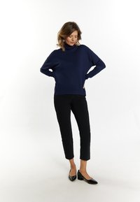Marinefarbener Rollkragenpullover aus weichem Material, kombiniert mit engen schwarzen Hosen und schwarzen High Heels. Die Silhouette ist entspannt und modern.