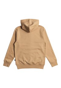 Hoodie vaaleasta kangasta, jossa on kengurun tasku, ribbattu hihansuu ja kiristysnauha hatussa, näkyy takaa.