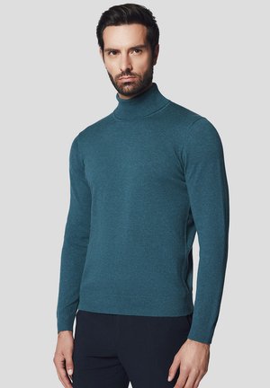 Turkusowy sweter typu golf wykonaną z miękkiego materiału, z długimi rękawami i ribbowym wykończeniem. Gładka tekstura z dopasowanym krojem.