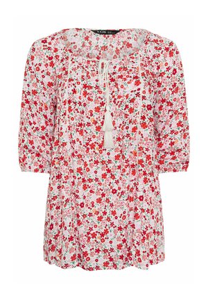 Hvid bluse med rød og lyserød blomsterprint, 3/4-ærmer, rund halsudskæring og frontbind med frynser.