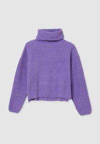 Pullover viola a maglia con collo alto, maniche ampie e orlo corto. Presenta un motivo a coste testurizzato su tutta la superficie.