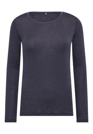 Long-sleeved, dark navy top with a round neckline. Made from a lightweight, textured fabric. Features contrasting stitch detailing along the collar.
