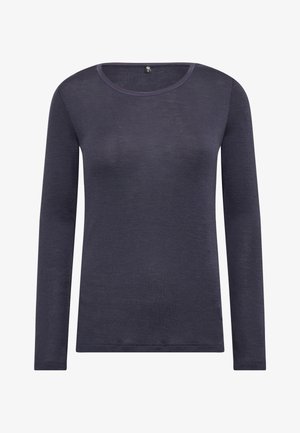 Long-sleeved, dark navy top with a round neckline. Made from a lightweight, textured fabric. Features contrasting stitch detailing along the collar.