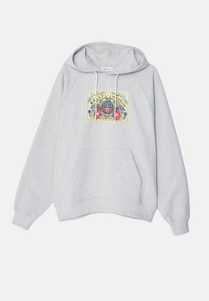 Sweat-shirt à capuche gris avec une poche kangourou à l'avant, présentant un design graphique coloré avec le texte "BALLY SWITZERLAND" au-dessus.