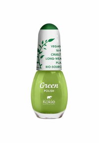 Grön nagellack i en rund glasflaska, vit kork med gröna detaljer, markerad som vegansk och cruelty-free, med botaniska designelement.