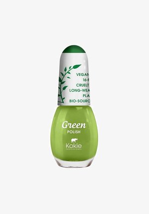 Vihreä kynsilakka pyöreässä lasipullossa, valkoinen korkki vihreillä yksityiskohdilla, merkitty vegaaniseksi ja ei-kokeelliseksi, jossa on kasviaiheisia koristeita.